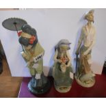 Three Lladro porcelain figurines comprising Japanese girl with umbrella, Don Quixote, and girl