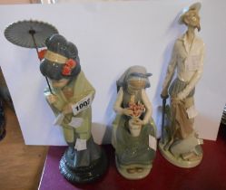 Three Lladro porcelain figurines comprising Japanese girl with umbrella, Don Quixote, and girl