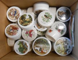 A box containing a large quantity of ceramic gentlemens' relish lidded pots