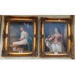 A pair of ornate gilt framed reproduction coloured portrait prints on canvas with craquelure finish