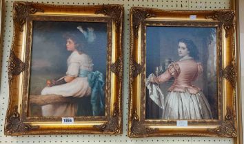 A pair of ornate gilt framed reproduction coloured portrait prints on canvas with craquelure finish