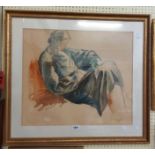 Dudley Holland: a gilt framed watercolour sketch study of a seated woman reading a book - 52cm X