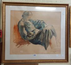 Dudley Holland: a gilt framed watercolour sketch study of a seated woman reading a book - 52cm X