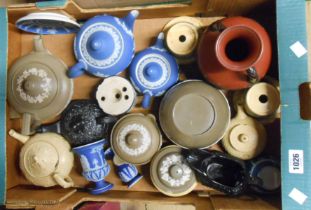 A box containing a quantity of Wedgwood and other ceramics including blue jasper dip, caneware,