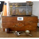 An old mixed wood and strung lift-top work box - sold with a brass clad tea caddy containing a briar