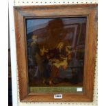 An antique pine framed crystoleum coloured print entitled 'Love and the Bottle' with text under -