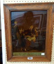 An antique pine framed crystoleum coloured print entitled 'Love and the Bottle' with text under -