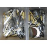 A box containing a quantity of silver plated cutlery and other items