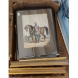 A box containing a selection of framed coloured prints - various artists and subject