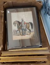 A box containing a selection of framed coloured prints - various artists and subject