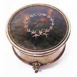 A silver circular ring box with pique work inlaid tortoiseshell panel to the hinged lid - Birmingham