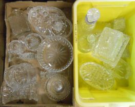 A crate and a box containing a quantity of assorted cut and other glassware including decanter