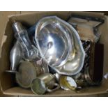 A box containing a quantity of silver plated items including teaware, entree dish, cutlery, etc.