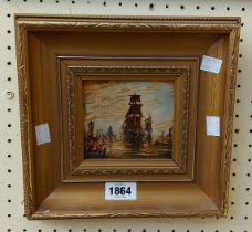 †J. Hedges: a small gilt framed oil on board entitled 'All at Sea' - signed and inscribed verso,