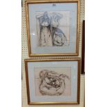 Dudley Holland: Two gilt framed ink sketches, one depicting a study of three women, the other a