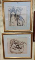 Dudley Holland: Two gilt framed ink sketches, one depicting a study of three women, the other a