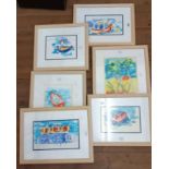 Six matching framed modern watercolours, five depicting vessels, the other a floral border