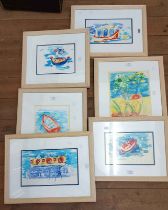 Six matching framed modern watercolours, five depicting vessels, the other a floral border