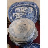 A quantity of blue and white transfer printed ware including Bovey pottery Asiatic Pheasant