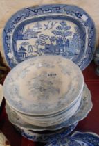 A quantity of blue and white transfer printed ware including Bovey pottery Asiatic Pheasant