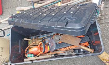 A large plastic lidded chest containing a quantity of tools, hedge trimmer, wrought iron house sign,