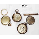 Two white metal part pocket watch cases and a plated similar - sold with a silver fob pencil case