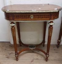 A 66cm French reproduction mixed wood ornate vanity table with inlaid musical instruments and floral