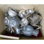A box containing a quantity of silver plated items including a four piece tea set, butter dich,
