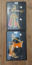 A pair of Thai acrylic paintings on black paper, one depicting a Royal figure with bow, the other