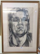 Dudley Holland: a gilt framed vintage charcoal portrait of a man's head - 74cm X 49cm