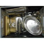 A box containing a quantity of EPNS and other silver plated items including entree dishes, side-pour