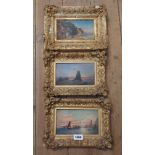 Three matching framed old small format oils on board, depicting Dartmouth and other local coastal