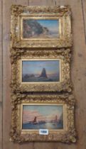 Three matching framed old small format oils on board, depicting Dartmouth and other local coastal