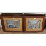 Sixteen matching oak framed polychrome engravings, all depicting interior scenes of large houses -