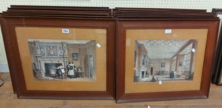 Sixteen matching oak framed polychrome engravings, all depicting interior scenes of large houses -