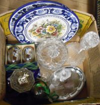 A box of assorted ceramics and glassware including boxed pair of 'Everhot' egg cosy, etc.