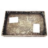 A 10.5cm Chinese white metal card tray by Wang Hing with pierced bamboo gallery border and tennis