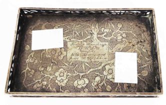 A 10.5cm Chinese white metal card tray by Wang Hing with pierced bamboo gallery border and tennis