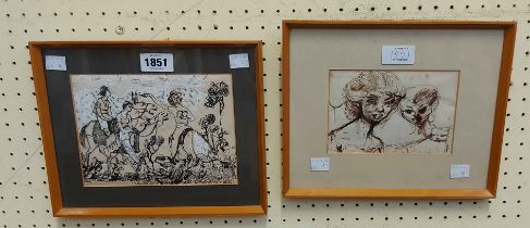 Dudley Holland: two framed small format sketches, one depicting two girl's heads, the other an