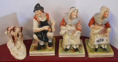 Two 19th Century Staffordshire figures, depicting an old woman pouring ale, another similar