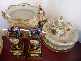 A quantity of assorted ceramics including Limoges porcelain jardiniere, pair of Vienna lidded