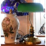 A modern brass banker's style lamp with green glass shade - sold with a Portmeirion pottery table