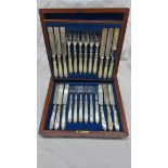 A mahogany cased set of six each silver plated fish knives and forks with mother-of-pearl handles