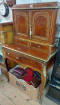 A 78cm old French brass mounted amboyna and kingwood veneered bonheur du jour with two door cupboard