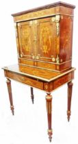 An 80cm old French inlaid mahogany and mixed wood bonheur du jour with decorative brass mounts and