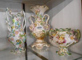 A 19th Century English bone china Rockingham style vase with flower encrusted decoration - sold with