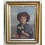 A gilt framed early 20th Century oil on canvas portrait of a child holding a basket of flowers