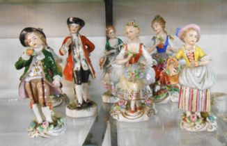 Seven German porcelain figurines of typical Rococo style, depicting characters in period dress