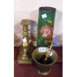 A small quantity of assorted metalware comprising a 19th Century cast brass candlesticks, old pestle