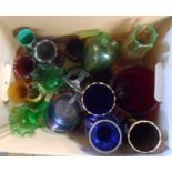 A box containing a quantity of assorted coloured glassware including Wedgwood mug, Venetian enamel